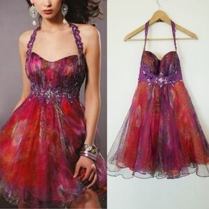 Blush Prom by Alexie Bright Bold Flowy Jeweled Halter Pleated Corset Mini  Dress